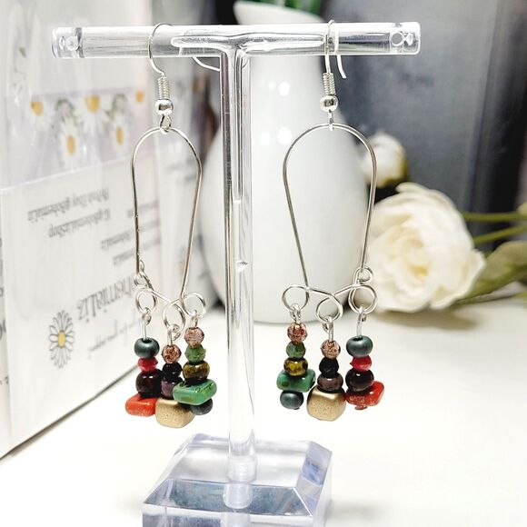 artisan earrings 669#mfs Czech glass fringe boho earrings green multicolor mix g - Picture 5 of 5